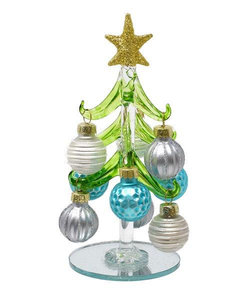 6"" Green Glass Tree with Blue and Silver Ornaments
