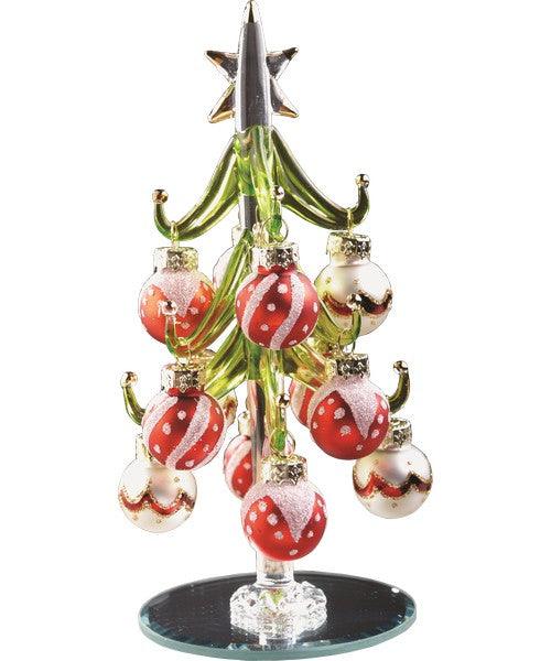 Green Glass Tree 6 inch with Red and White Ornaments