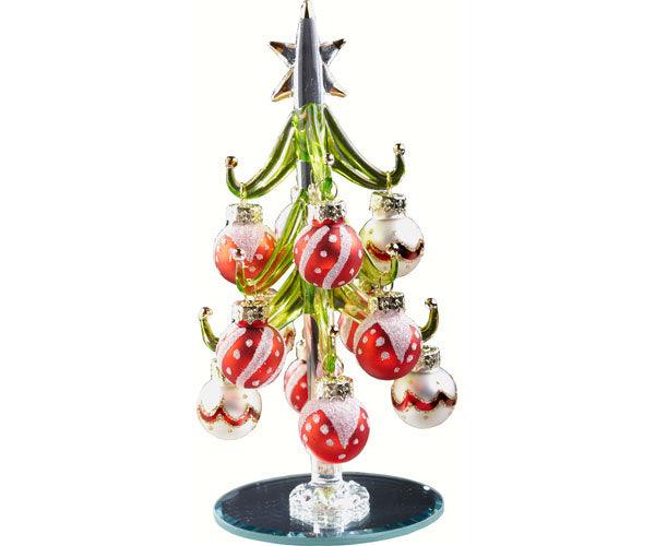 Green Glass Tree 6 inch with Red and White Ornaments