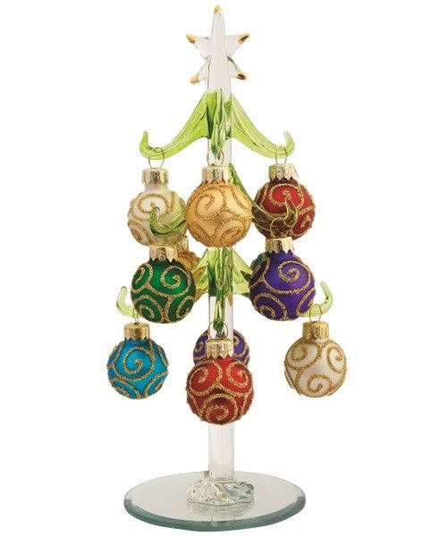 Green Glass Tree 8 inch with 12 Swirl Ornaments