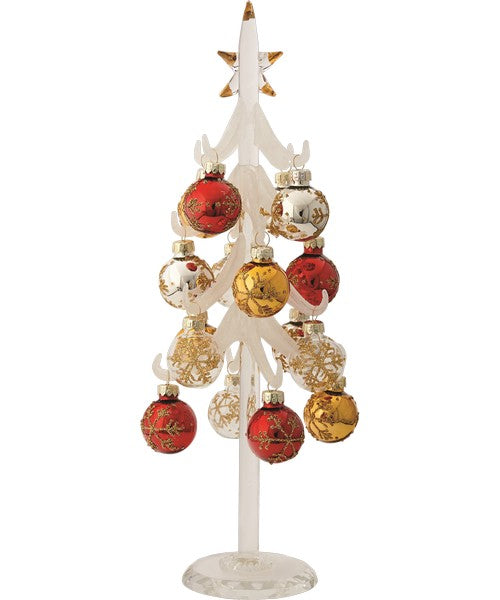 Snowy White Glass Tree 12 inch with Multicolor Ornaments on Crystal Base