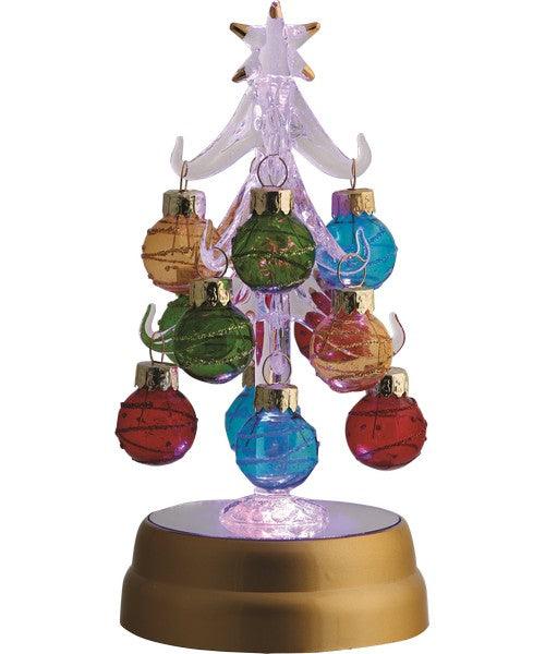 Green Glass LED Tree 6 Inch with 12 Multi Color Ornaments